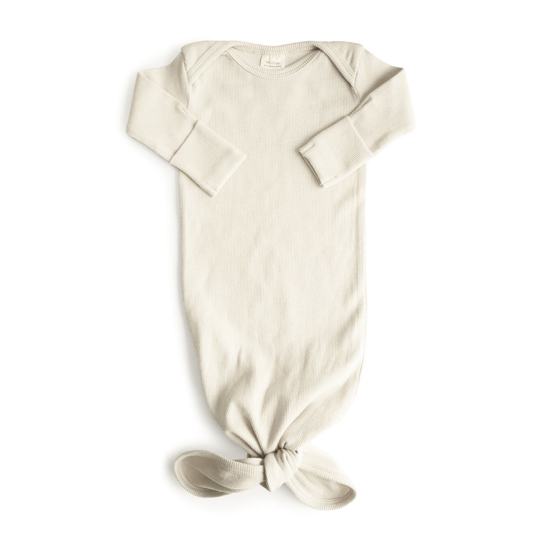 Ribbed Knotted Baby Gown + Beanie Set Ivory