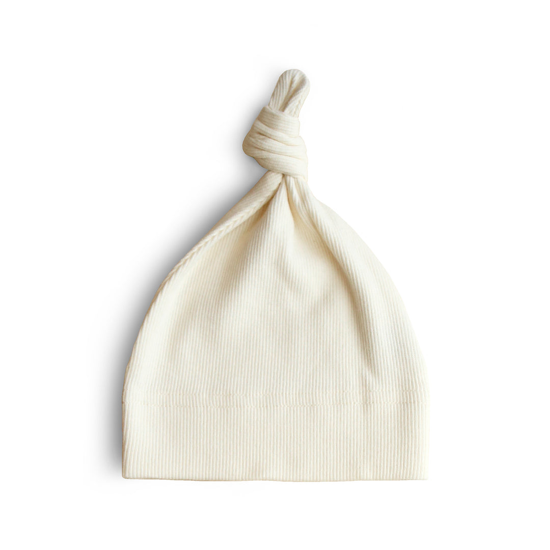 Ribbed Knotted Baby Gown + Beanie Set Ivory